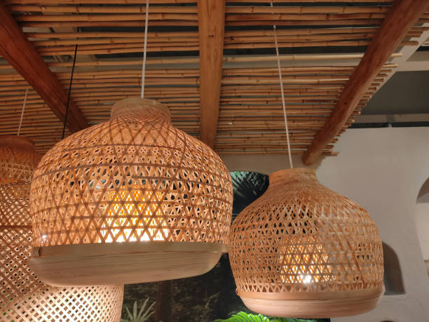 istock A set of three bamboo pendant lights, hanging from the ceiling in an exotic restaurant 2192752682