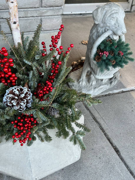 istock Two festive Christmas holiday decorations with pine tree branches and red berries 2192754187