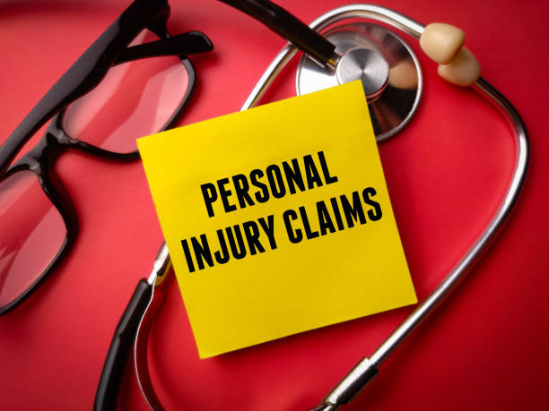 Stethoscope and sticky note with the word PERSONAL INJURY CLAIMS on a red background.