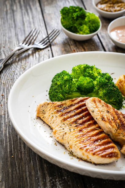 istock Barbecued turkey breast and broccoli on wooden table 2192759267