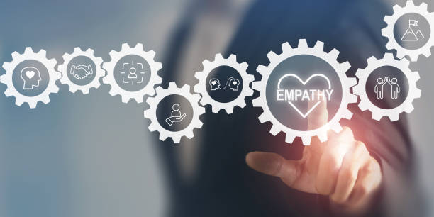 Empathy concept. Touching screen with empathy icon on minimal background and copy space. The power of emotional intelligent, soft skill development. Empathy in the workplace, good leader, good team.