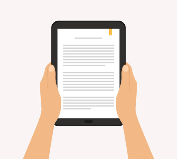 ilustrações de stock, clip art, desenhos animados e ícones de hand holding digital tablet and reading e-book - leitor de livros eletrónicos