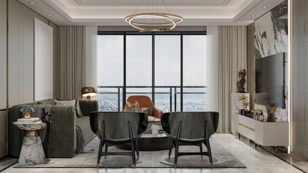 istock This elegant modern apartment features a beige wall with a green sofa and a dark green chair by the sofa 2192761149