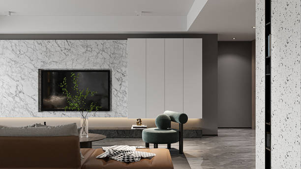 istock modern and minimal living room interior design, and TV wall design 2192761188