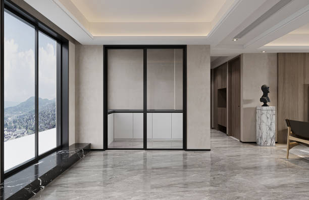 istock Empty room with window and Gray wall and ceiling with marble floor. 2192761275