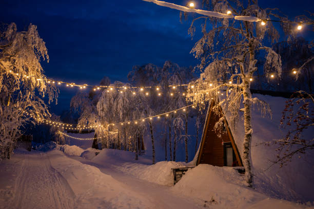 istock Wooden huts covered in snow illuminated by string lights in winter wonderland 2192761720