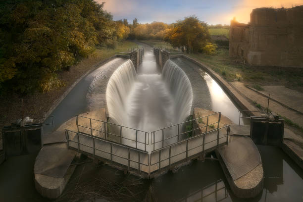 Locks of the Canal de Castilla as it passes through Calahorra de Rivas, Palencia on a warm sunset