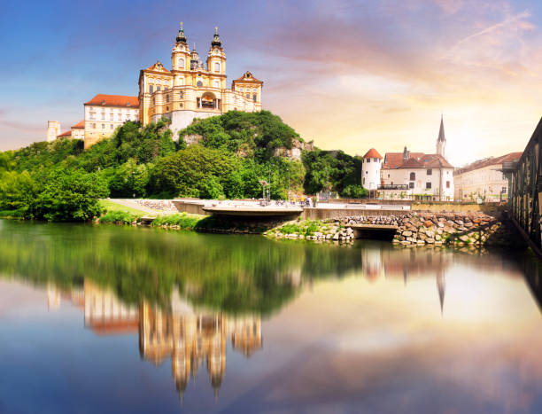 istock Melk Abbey at dramatic sunrise with reflection in water, Wachau - Lower Austria 2192764895