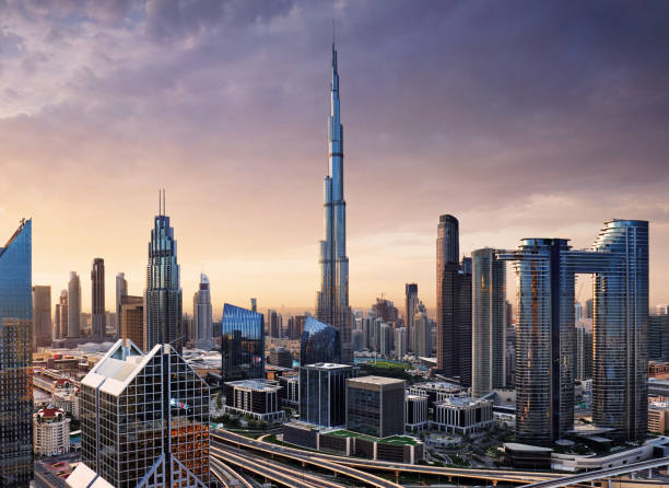 istock Dubai downtown district skyline at dramatic sunrise, United Arab Emirates - aerial view 2192765007