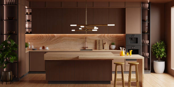istock kitchen room interior in brown mocha mousse 2025 color with modern decoration - 3D rendering 2192766525