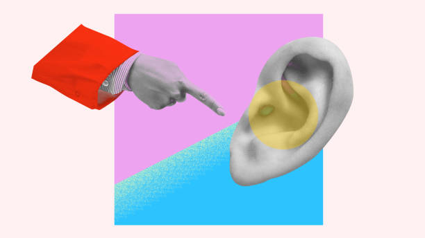 istock Minimalistic collage showcasing hand pointing at an ear surrounded by bright colors and patterns. Auditory care. Contemporary art. 2192767561