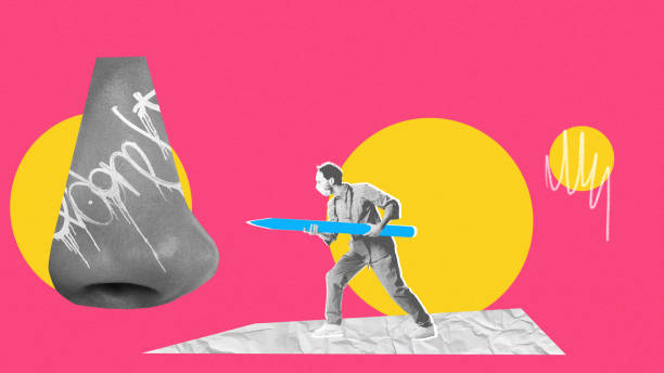istock Surreal depiction of human nose with bold graffiti-inspired elements, combined with man holding pencil. Contemporary art collage. 2192767571