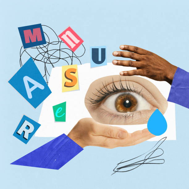 istock Conceptual collage of an eye being held by hands with colorful typography and scribbles. Vision measurement and care. Contemporary art 2192767595