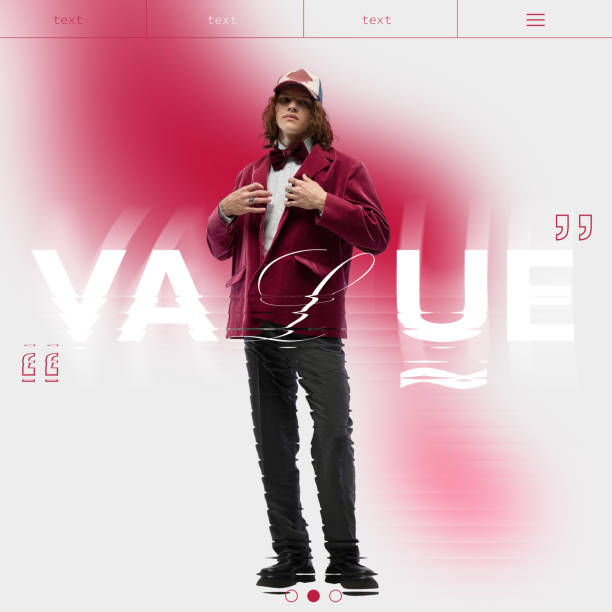 Portrait of stylish young guy with VALUE typography and red gradient background, representing strong branding and impactful advertisement concepts.
