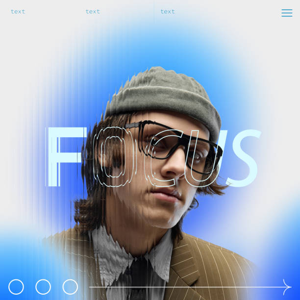 Stylish portrait of young man with bold FOCUS text overlay and gradient background, representing concentration and innovation. Concept of business, creative design, trends. Banner template. Ads.