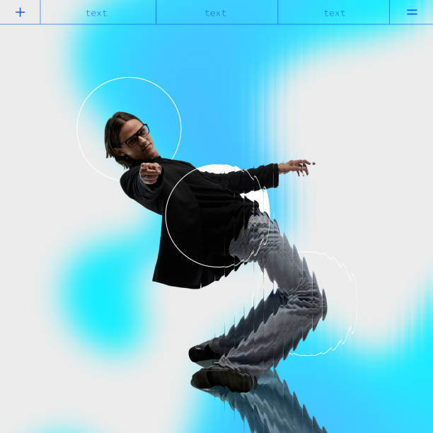 Stylish man in blazer leaning dynamically with abstract ripple effects on blue background. Great for futuristic ads and business innovation themes.