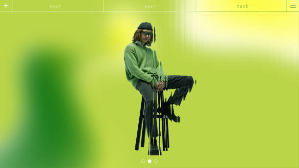 Stylish young man in green sweater with creative distortion effects on blurred green background. Innovative marketing and abstract design projects.