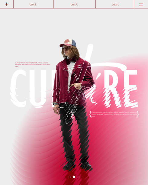 istock Stylish guy in velvet jacket and cap with CULTURE text overlay, symbolizing connection between identity and branding in business. 2192771068