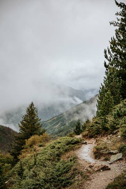 istock Scenic mountain trail with misty clouds. 2192772563