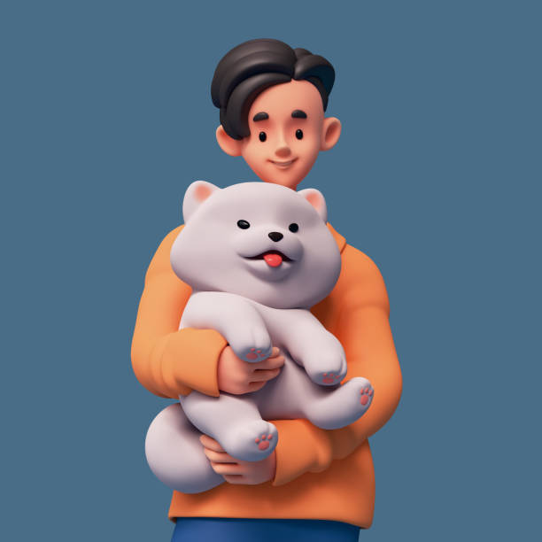 istock 3d render portrait funny cartoon guy holding, hugging white fluffy samoyed dog. 2192774121
