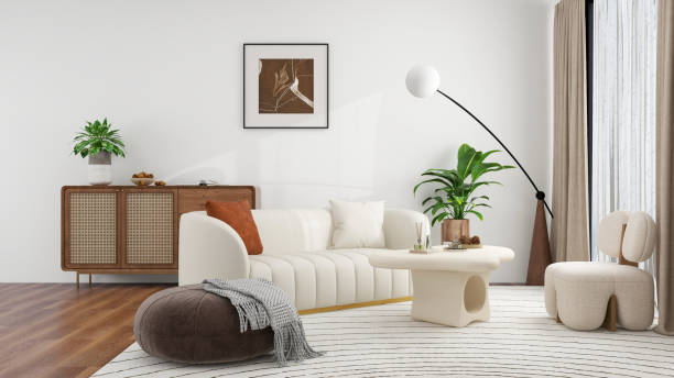 istock A modern living room with a white sofa, a round coffee table, a floor lamp, and various plants, featuring a minimalist and cozy design. 2192774595
