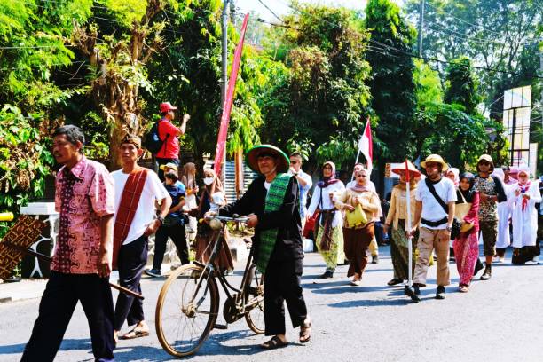 Subang,West Java,Indonesia on august 18,2024. A vibrant Independence Day carnival in Indonesia, celebrating with participants in colorful traditional and creative costumes.