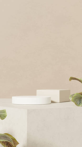 istock Background empty mockup featuring a ceramic textured podium against a simple beige wall in a portrait layout 2192778195