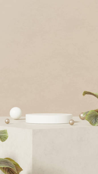 istock Background empty mockup featuring a ceramic textured podium against a simple beige wall in a portrait layout 2192778196