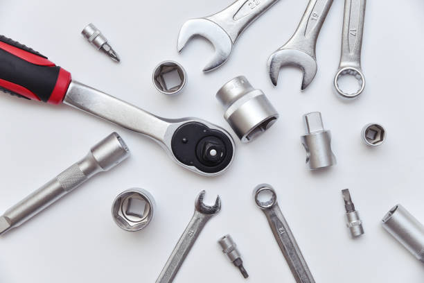 istock Metal chrome horn and socket wrenches with adapters, bits, wrenches and ratchet for repairs 2192778577