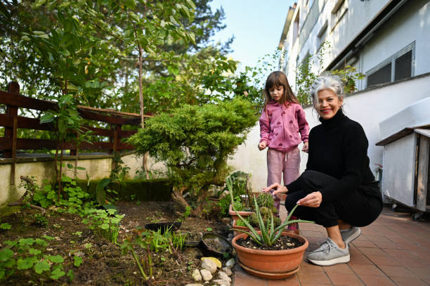 family at back yard garden.