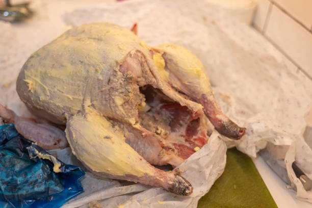 Organic turkey covered in butter and bacon ready to be cooked for Christmas dinner
