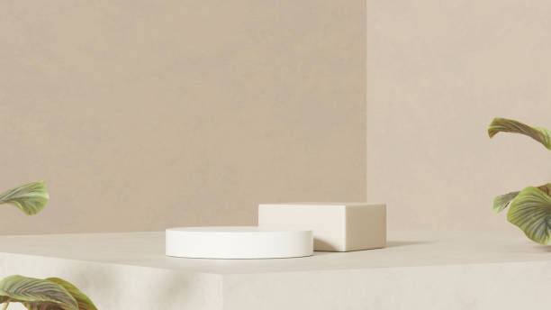istock Background empty mockup featuring a ceramic textured podium against a simple beige wall in a landscape layout 2192784577