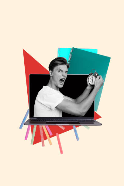istock Vertical collage poster image monochrome effect aggressive furious stressful young man work study learn deadline colorful banner 2192790631