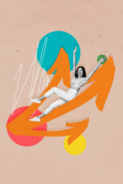 istock Vertical collage image of excited mini black white effect girl sit huge drawing arrow pointer upwards isolated on beige background 2192791836