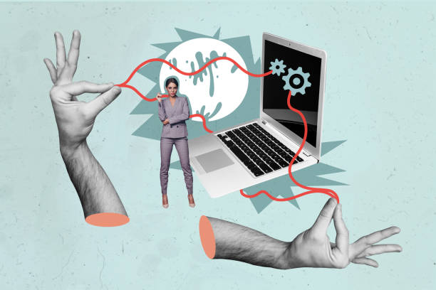 istock Creative photo collage picture young standing woman entrepreneur laptop system optimization setting cogwheels drawing background 2192793103
