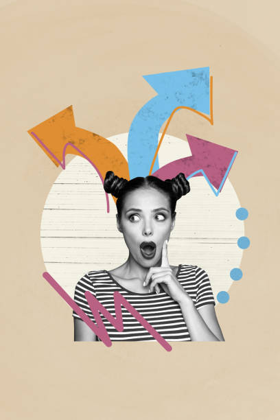 istock Vertical creative collage poster young amazed girl wondering which way choose arrow direction way road decide drawing background 2192793116
