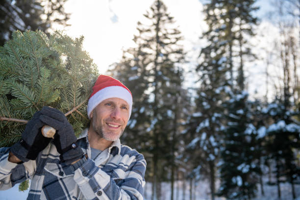 istock Man wearing a Christmas hat carrying a Christmas tree through a snowy forest 2192795323