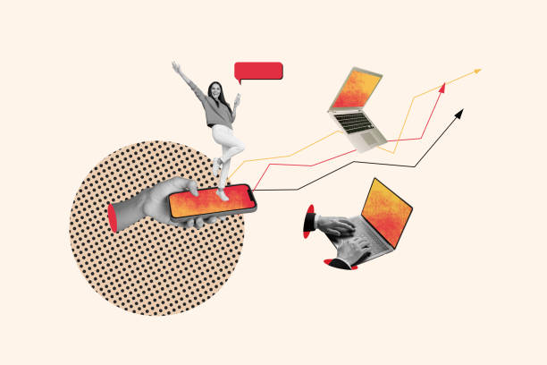 istock Creative retro 3d magazine collage image of excited lady chatting apple iphone samsung modern devices isolated beige color background 2192795627
