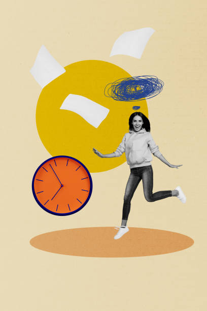istock Vertical collage picture illustration image black white filter happy excited cheerful young woman run time colorful unusual background 2192795723
