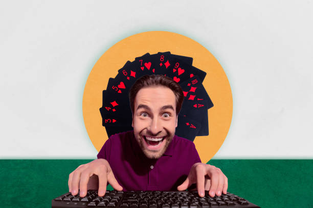 istock Collage 3d image creative picture of young addicted funny guy playing modern egames poker online isolated on gray color background 2192797001