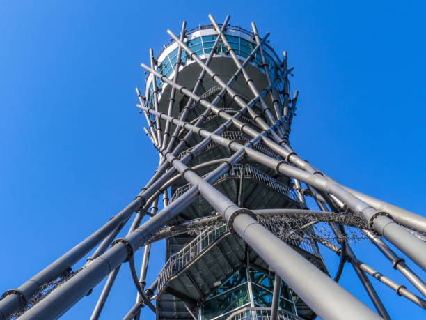 Close up view on observation tower construction elements, wooden tower in forest