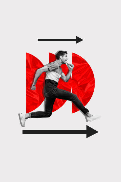 istock Vertical  poster running young man towards success goal accomplishment achieve target aim persistent determined two arrows white background 2192797341