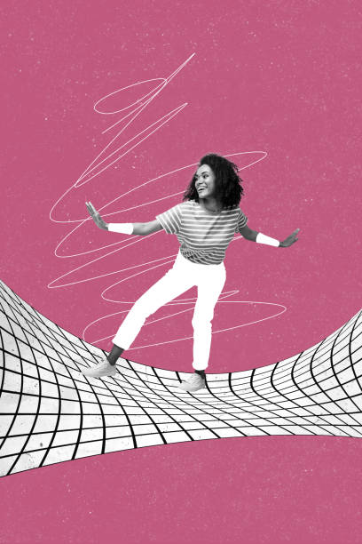 Vertical contemporary art collage of young funny lady surfing imagination waves looking far away drunk isolated on pink color background Vertical contemporary art collage of young funny lady surfing imagination waves looking far away drunk isolated on pink color background. drunk visual stock pictures, royalty-free photos & images