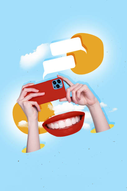 istock Picture image collage banner of bizarre person smiling holding using smart gadget typing letters have interaction with social network users 2192797648