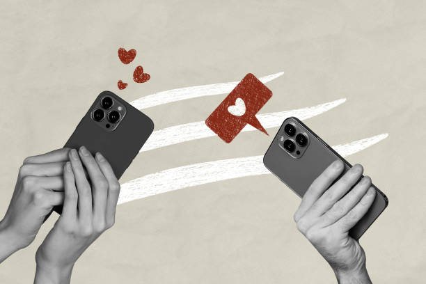 3d retro abstract creative artwork template collage of hands hold smartphones heart like blogger bizarre unusual fantasy billboard comics