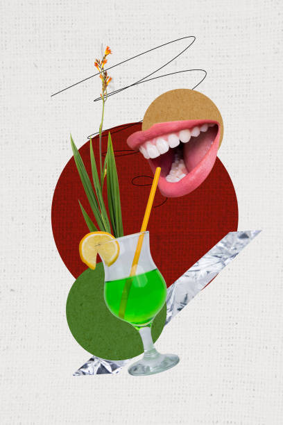 Vertical creative collage image poster caricature mouth face fragment drink alcoholic cocktail lemon drunk holiday party pub bar Vertical creative collage image poster caricature mouth face fragment drink alcoholic cocktail lemon drunk holiday party pub bar. drunk visual stock pictures, royalty-free photos & images