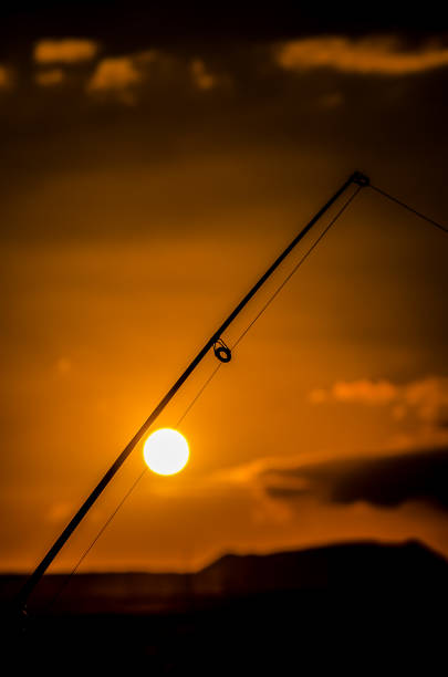 A fishing pole with a sun in the background. The sun is setting and the sky is orange