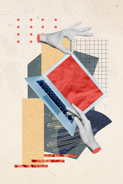 istock Vertical collage picture human arms holding laptop modern technology remote distant work network addiction drawing background 2192799501