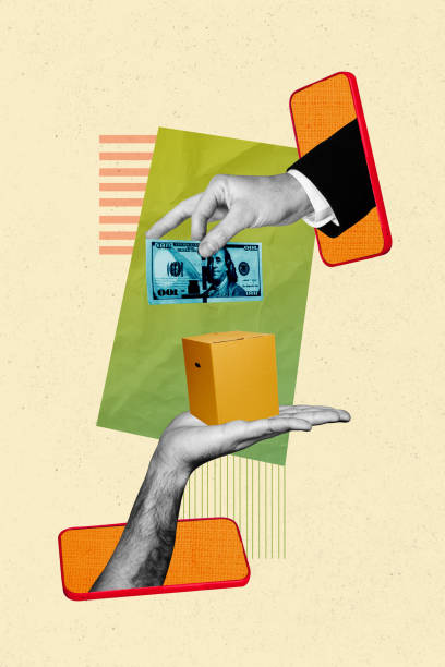 istock Vertical collage creative poster black white filter hand hold box give money pay online order exchange screen caricature abstract template 2192799581