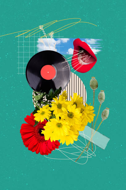 istock Composite collage art image old style vinyl record which makes absurd red lips human mouth singing isolated on green color background 2192799608